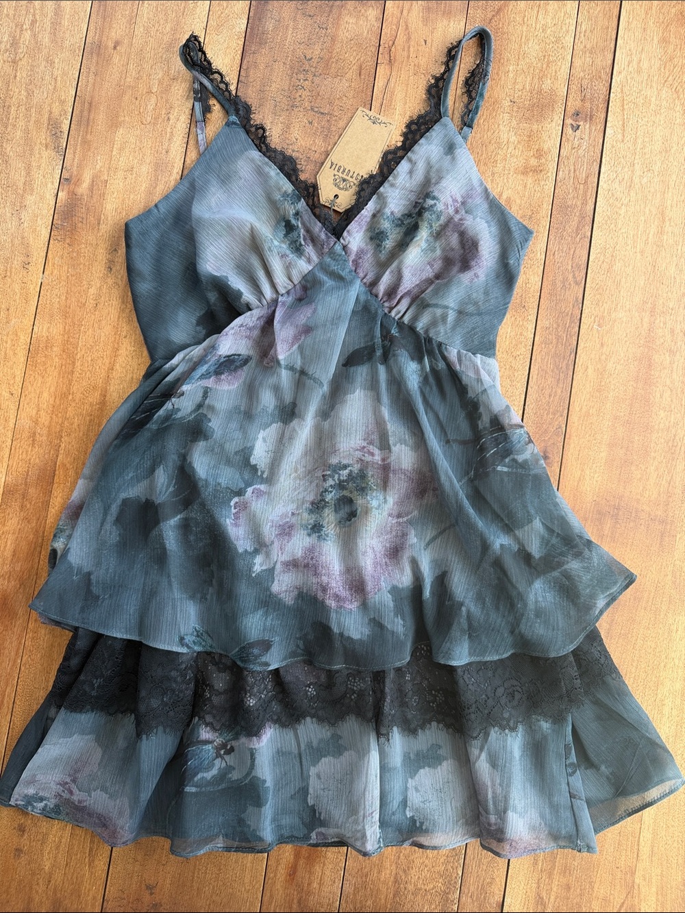 NWT Disturbia Floral Lace Trim Party Dress - Dusty Blue